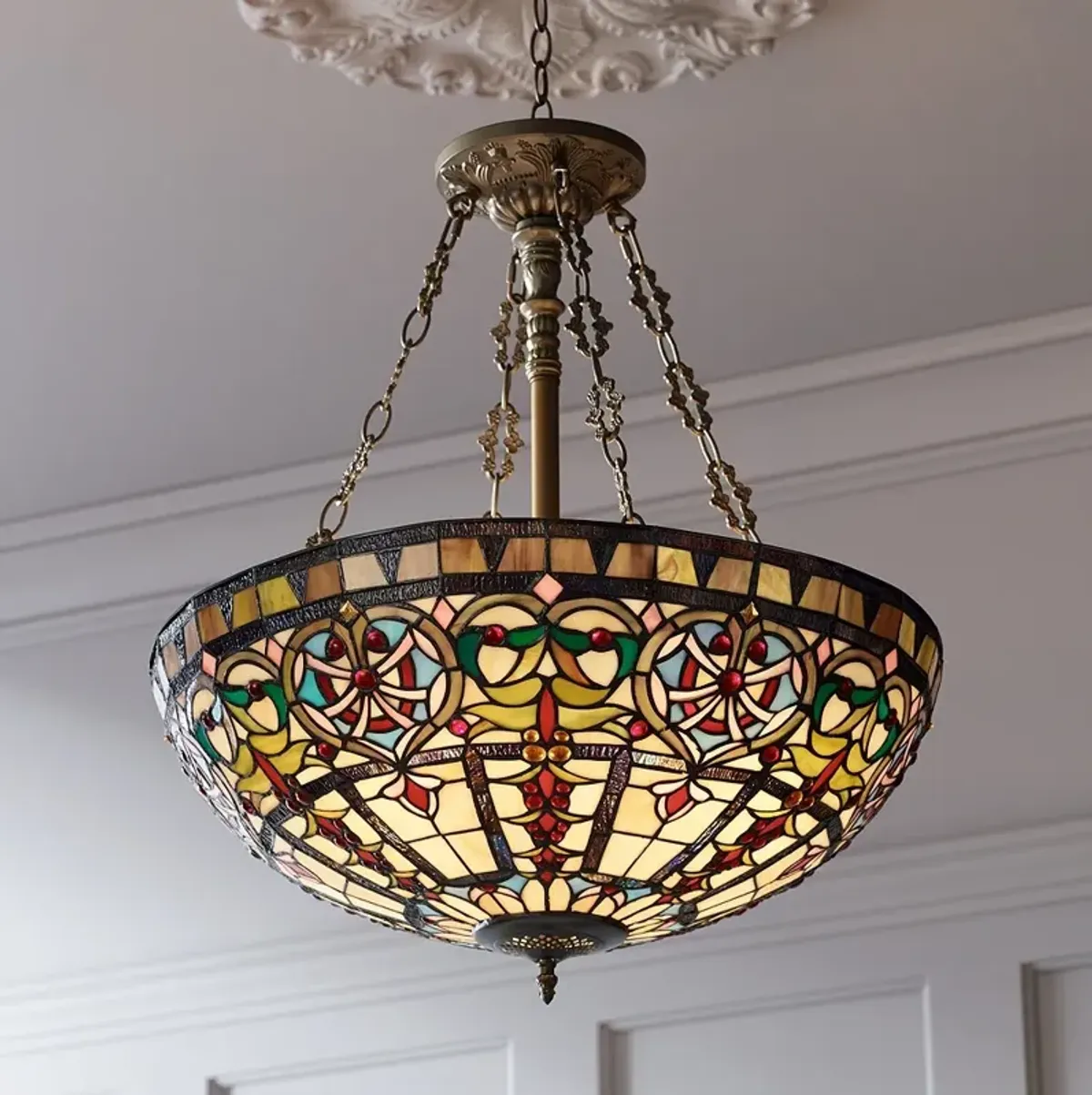 Robert Louis Tiffany 24" Tiffany-Style Art Glass Bowl Pendant Light