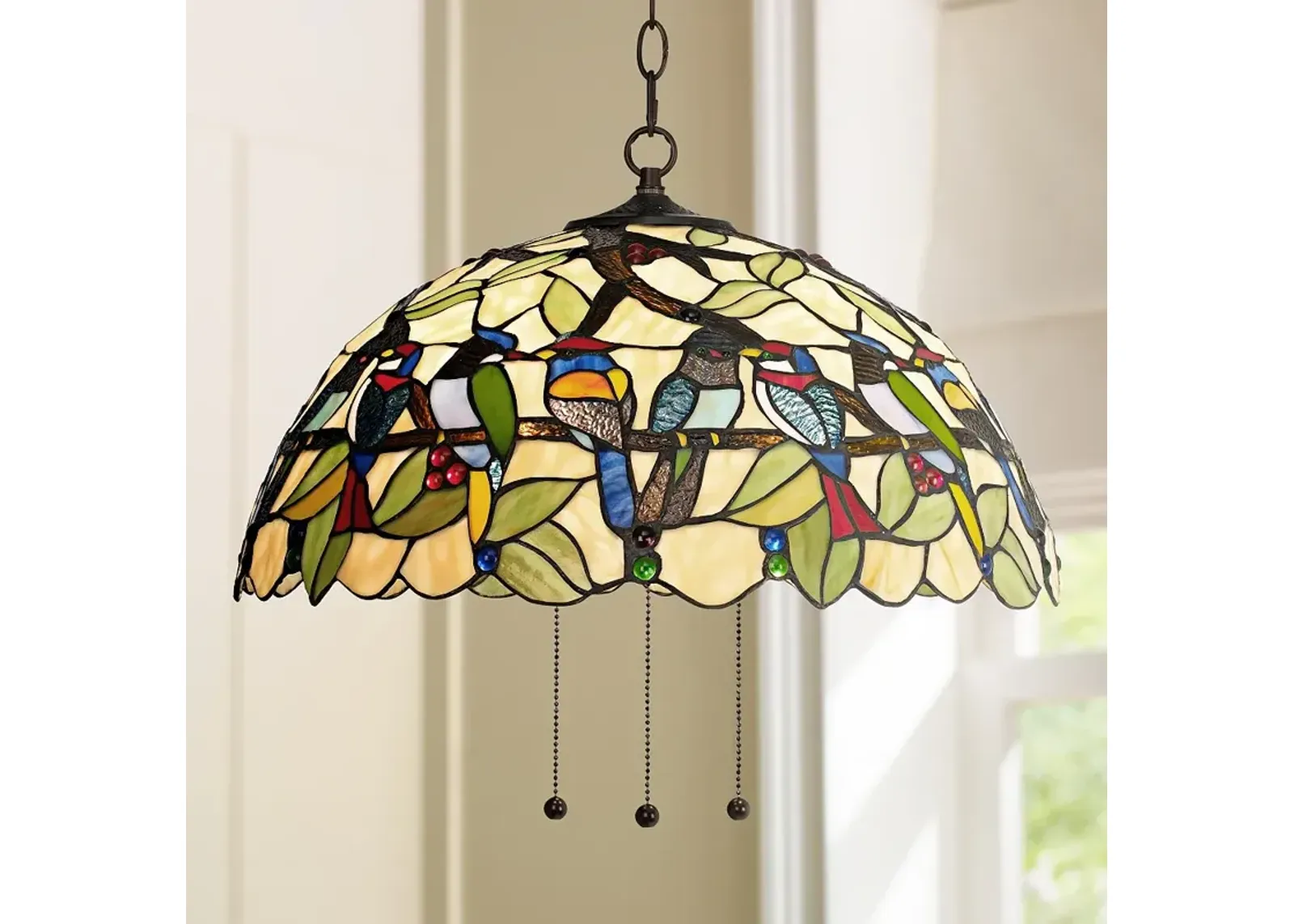 Robert Louis Tiffany 20" Wide Garden Birds Plug-In Swag Chandelier