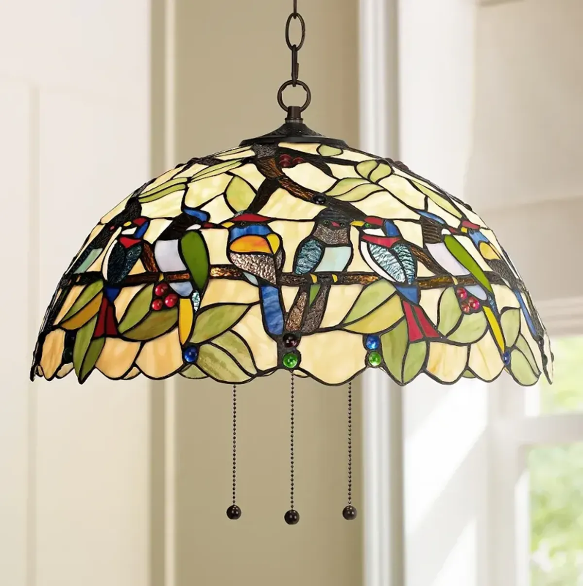 Robert Louis Tiffany 20" Wide Garden Birds Plug-In Swag Chandelier