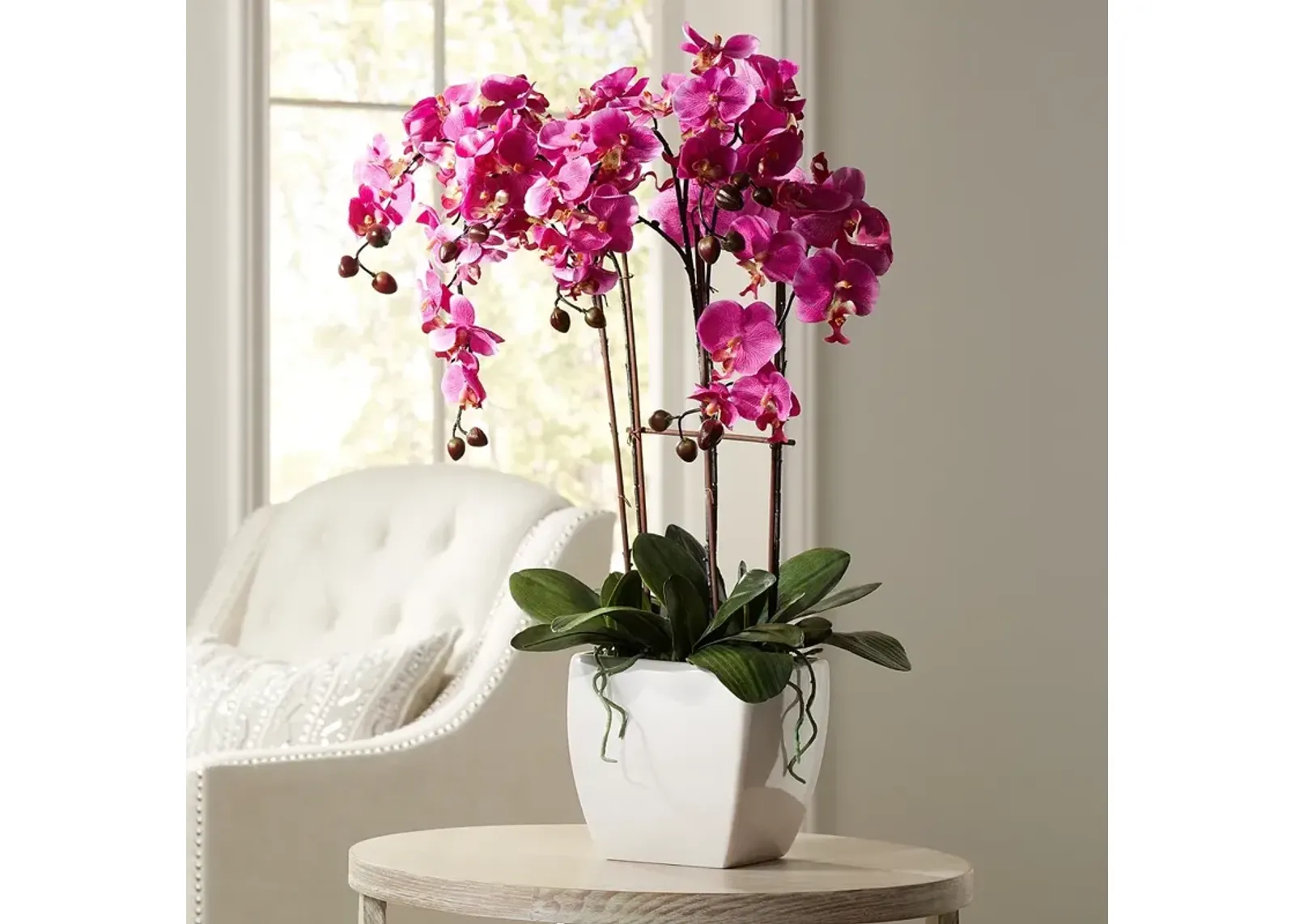 Potted White Ceramic 29" High Faux Fuchsia Orchid