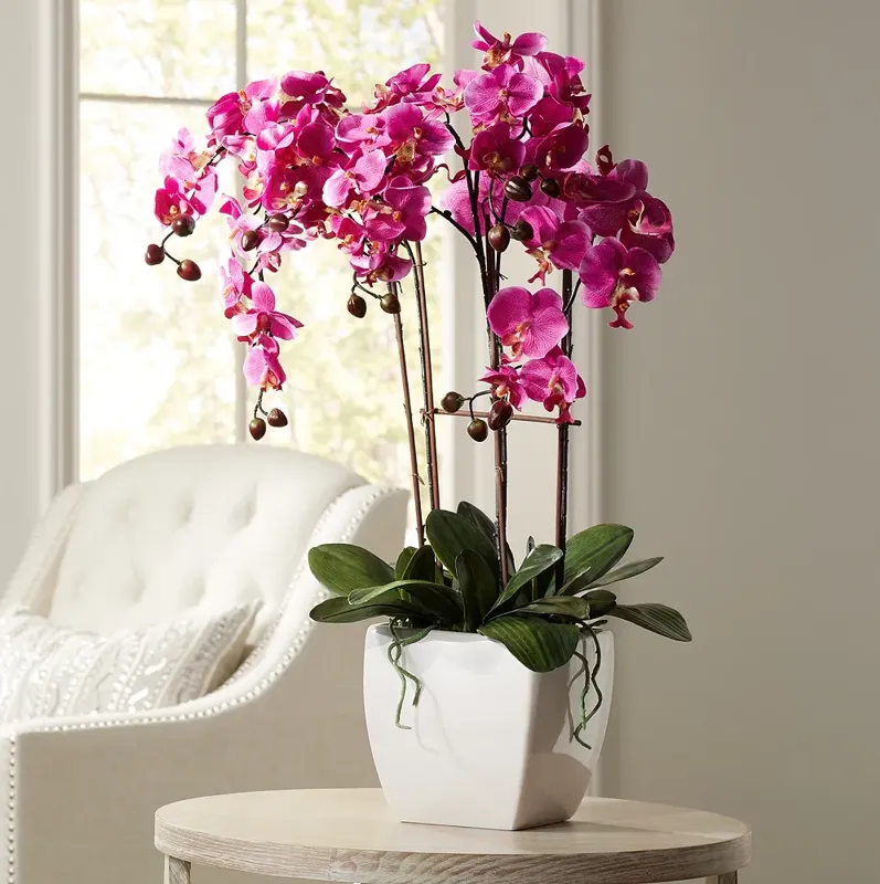 Potted White Ceramic 29" High Faux Fuchsia Orchid