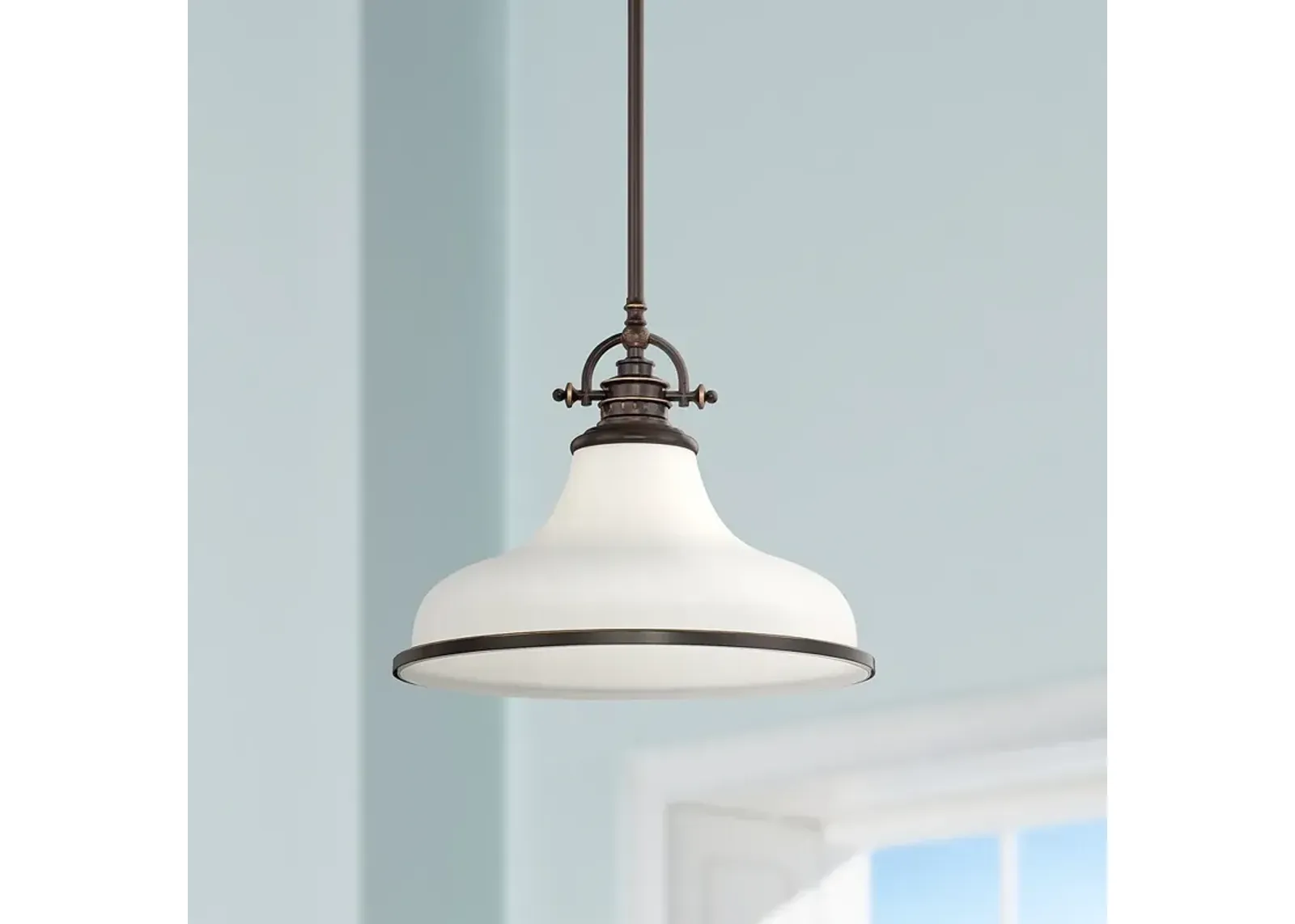 Quoizel Grant 13 1/2" Wide Bronze and Opal White Dome Pendant Light