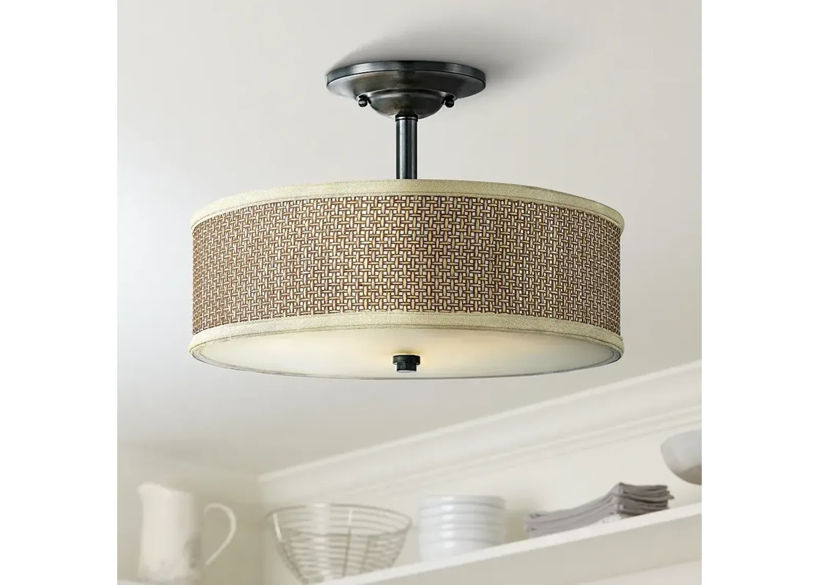 Quoizel Zen 17"W Woven Rattan and Mystic Black Ceiling Light