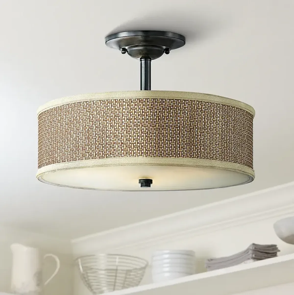 Quoizel Zen 17"W Woven Rattan and Mystic Black Ceiling Light