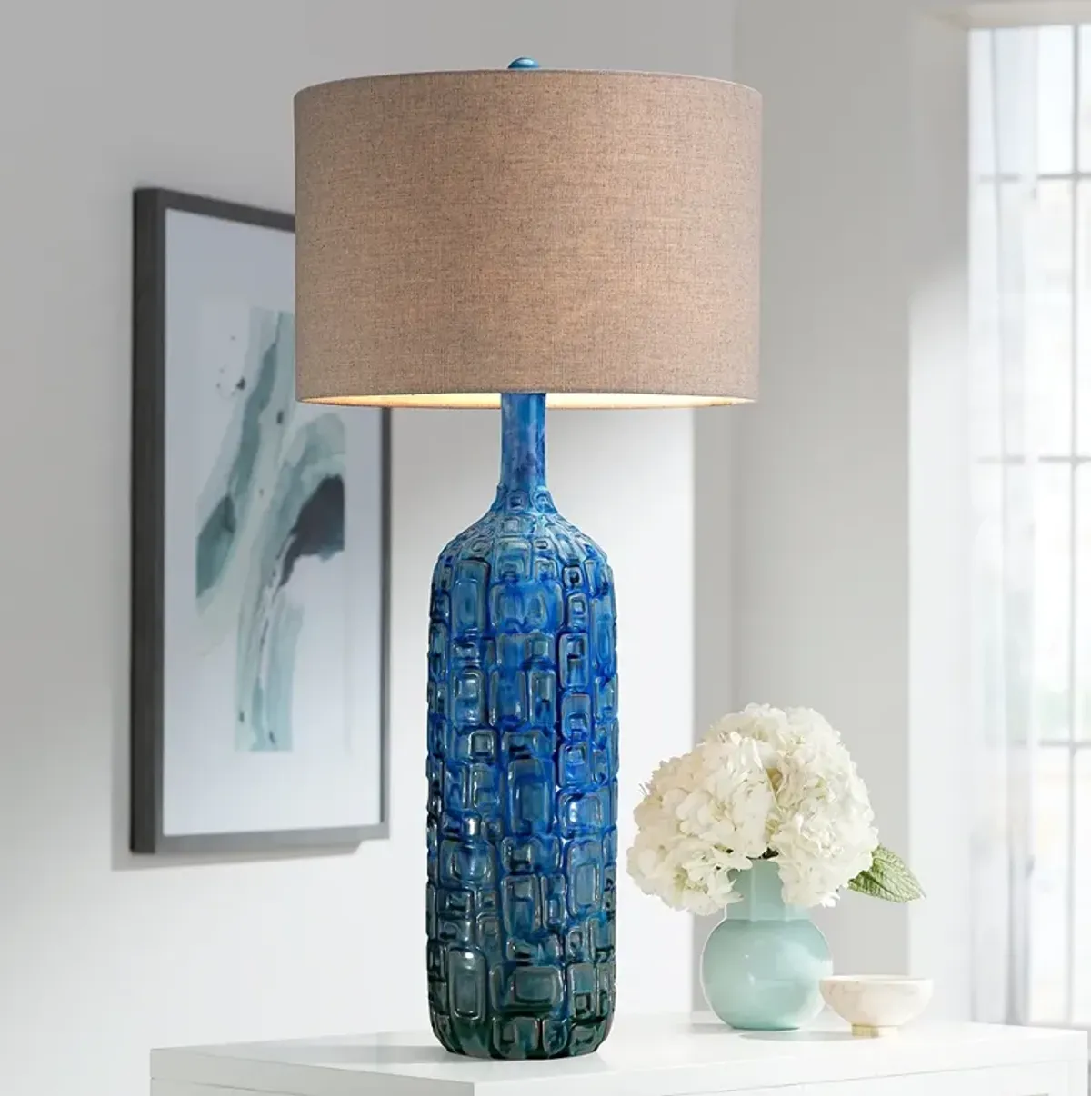 Possini Euro Design 36" High Teal Blue Modern Ceramic Table Lamp