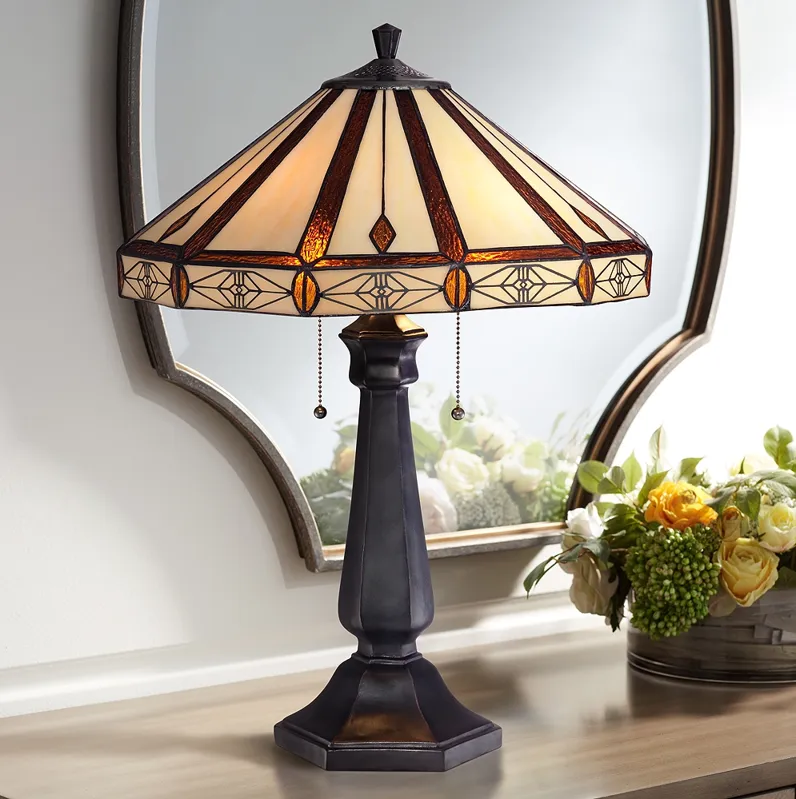 Robert Louis Tiffany Octagon Bronze Mission Tiffany-Style Glass Table Lamp