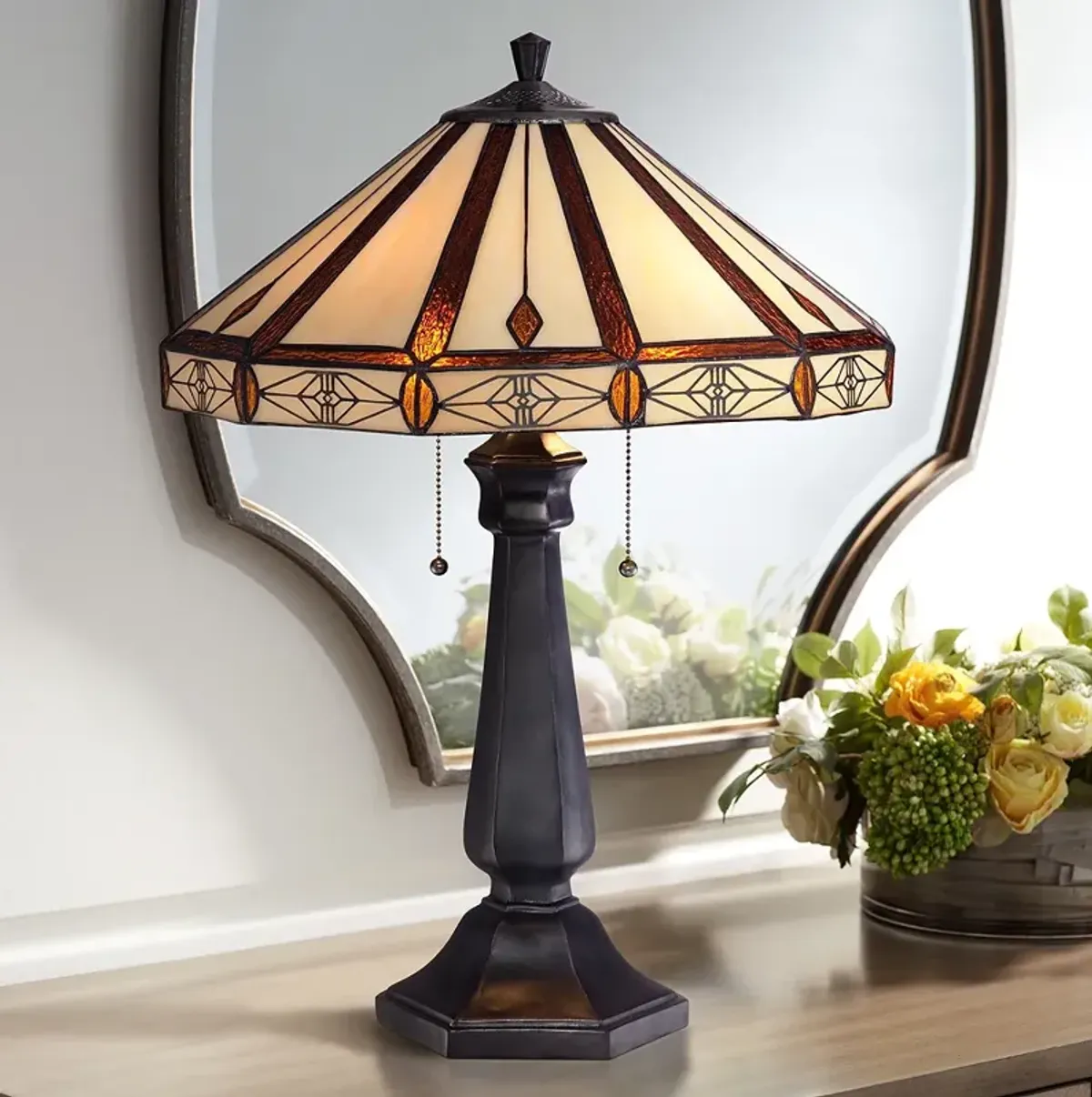 Robert Louis Tiffany Octagon 25" Derrica Bronze Art Glass Table Lamp