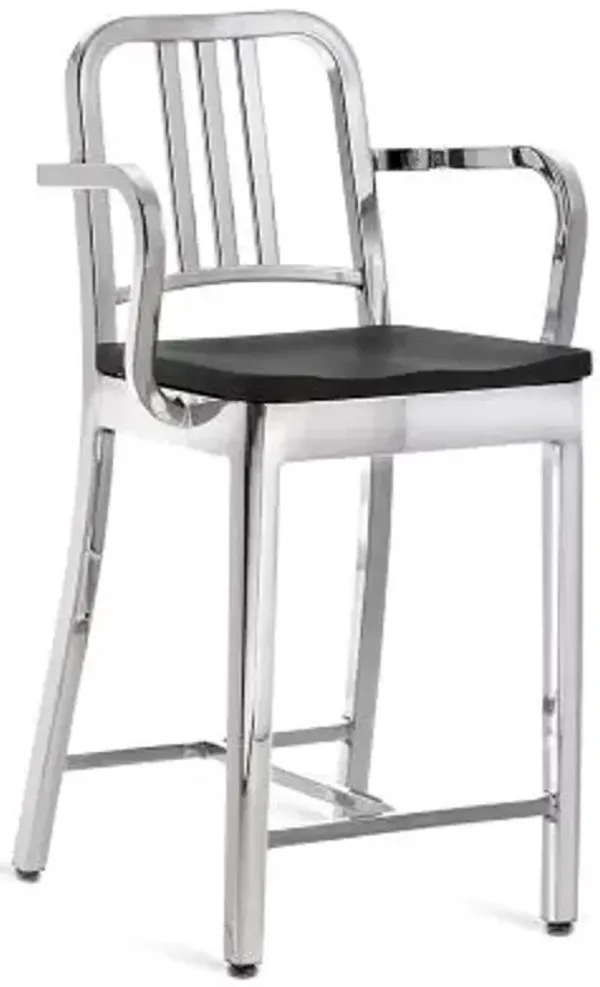 Navy Stool with Arms, Wood Seat