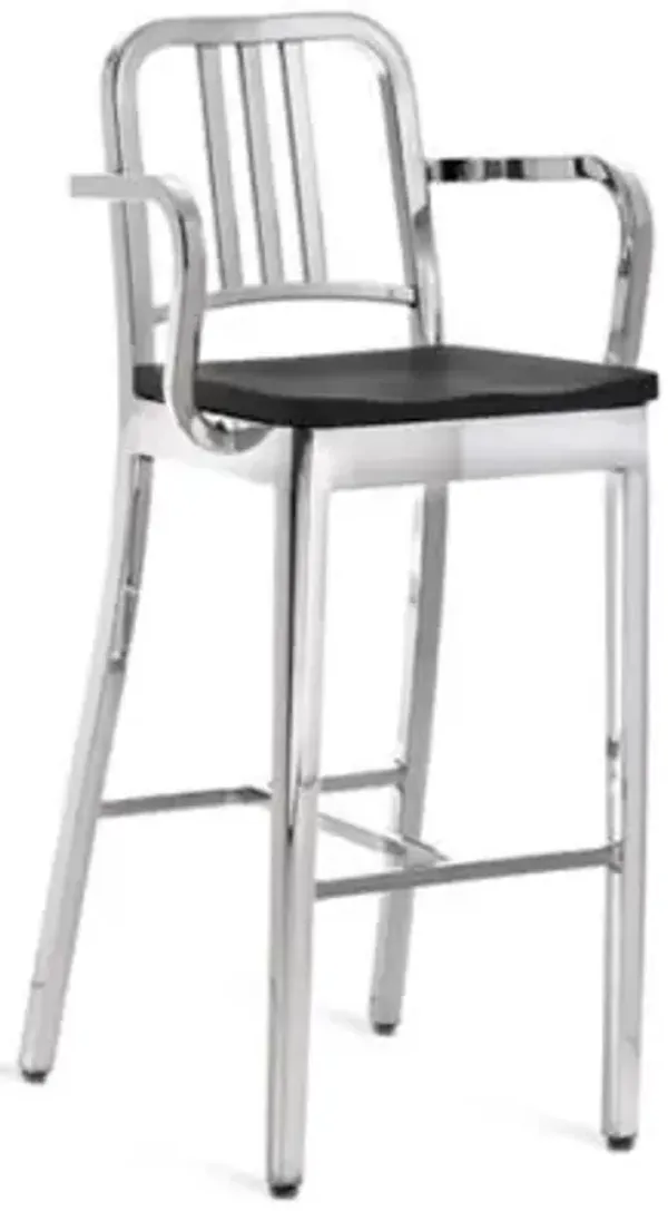 Navy Stool with Arms, Wood Seat