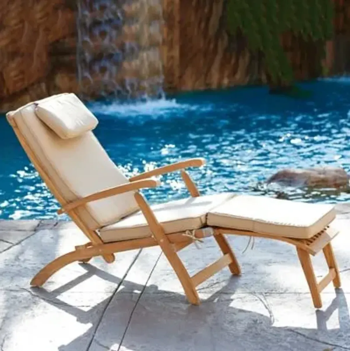Steamer Teak Outdoor Folding Lounge Chair with Cushions