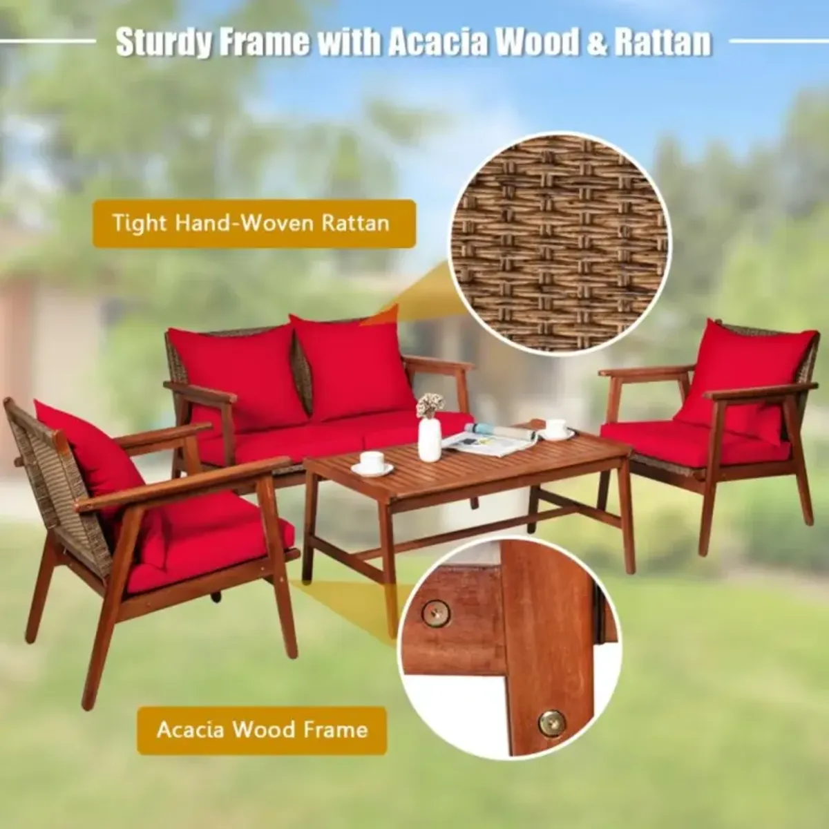 Hivvago 4 Pieces Acacia Wood Patio Rattan Furniture Set with Zippered Cushions