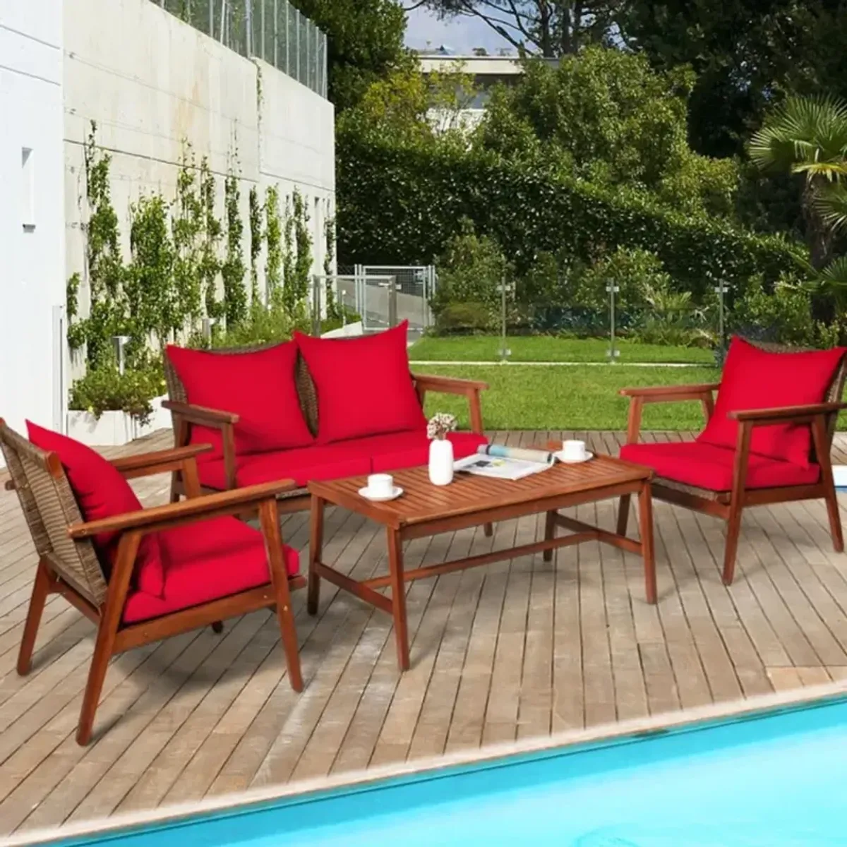 Hivvago 4 Pieces Acacia Wood Patio Rattan Furniture Set with Zippered Cushions