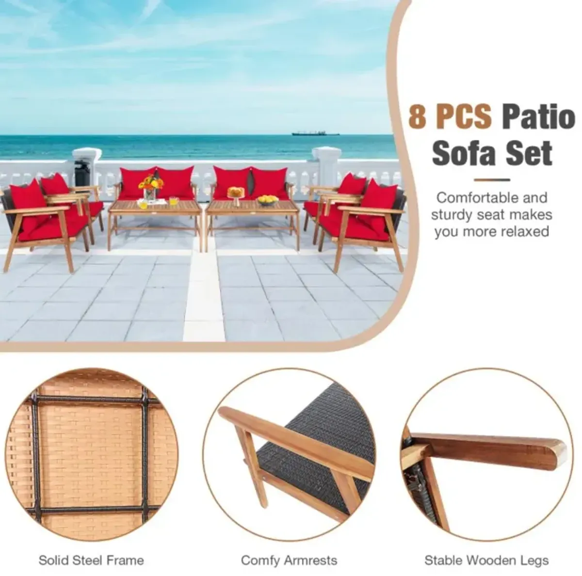 Hivvago 4 Pieces Acacia Wood Patio Rattan Furniture Set with Zippered Cushions