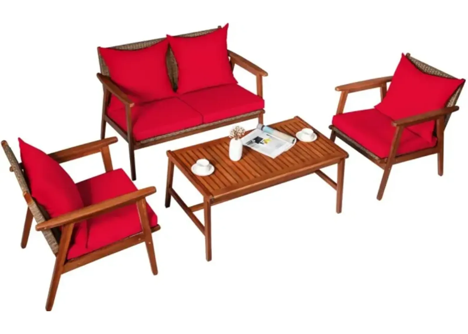 Hivvago 4 Pieces Acacia Wood Patio Rattan Furniture Set with Zippered Cushions