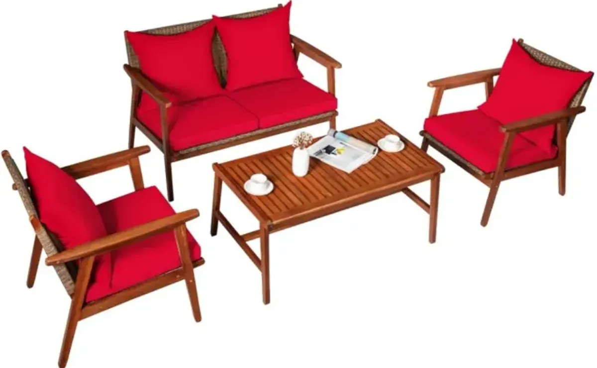 Hivvago 4 Pieces Acacia Wood Patio Rattan Furniture Set with Zippered Cushions