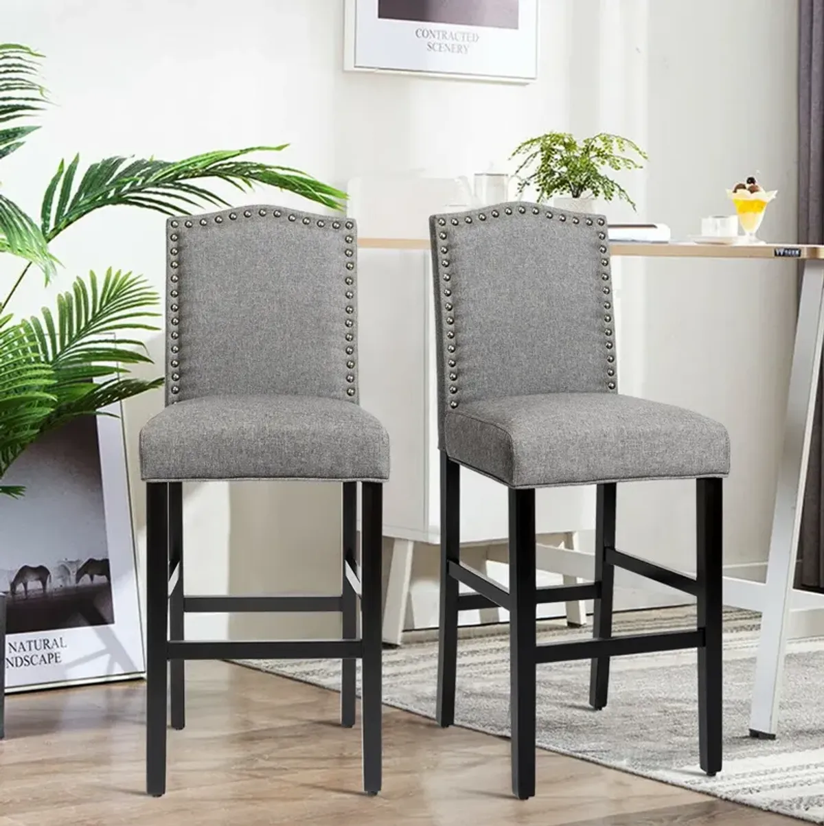 Set of 2 Counter Height Dining Side Barstools with Thick Cushion-Gray