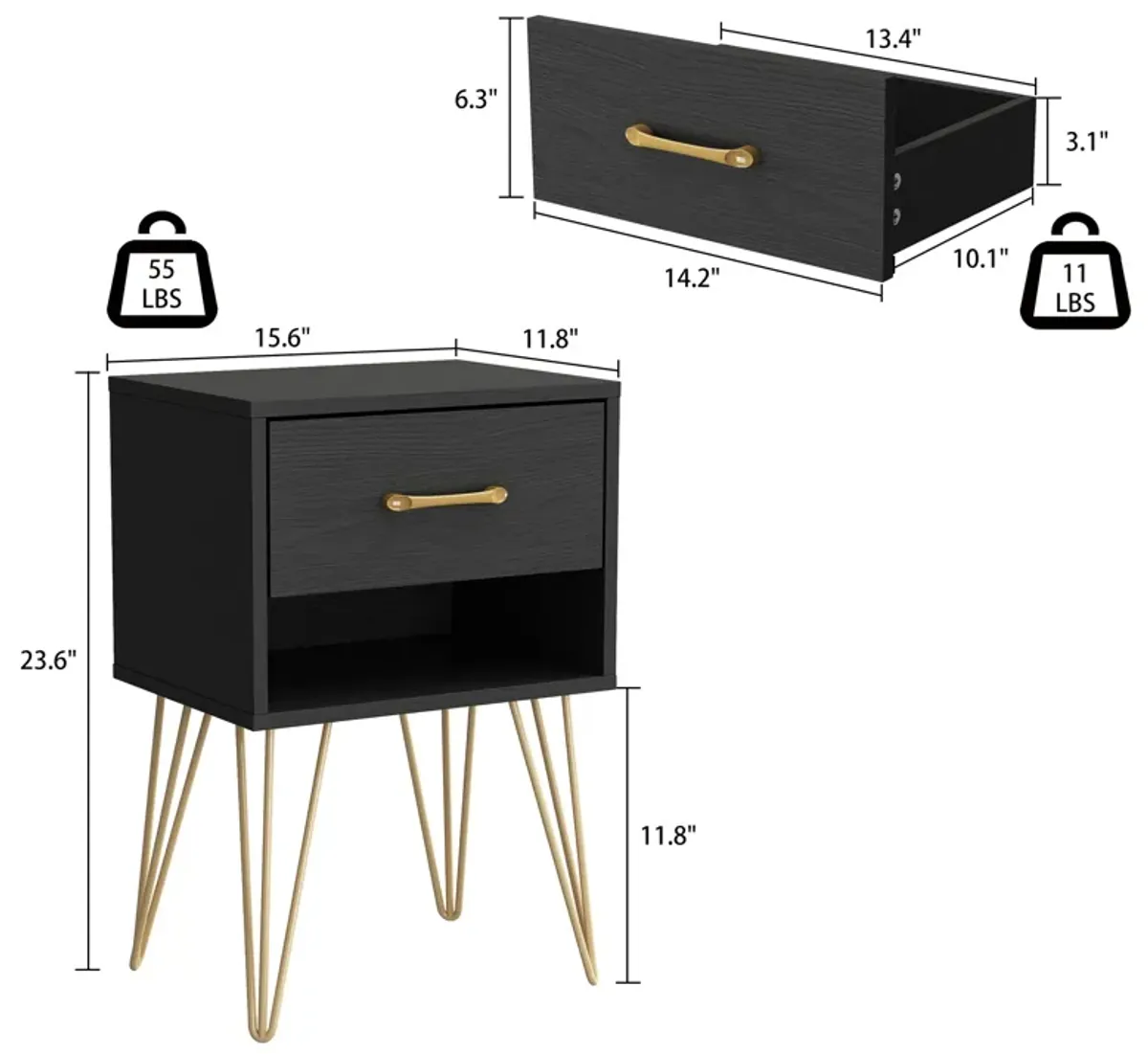 Nightstand with Drawer & Shelf, Industrial Style, Gold Metal Legs, End Table Black (15.7”W x 11.8”D x 23.6”H)