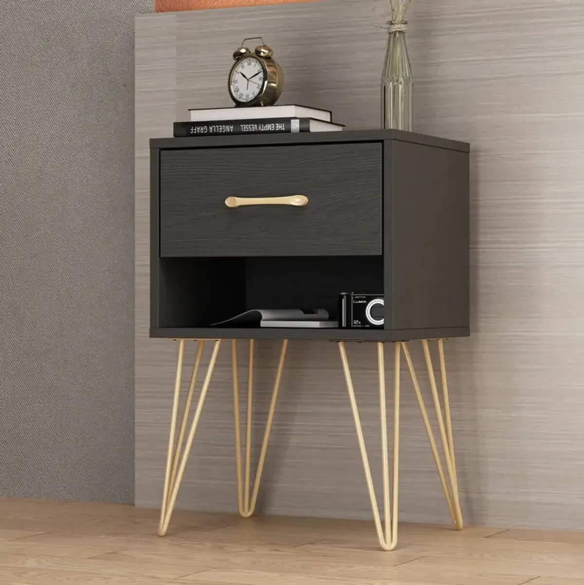 Nightstand with Drawer & Shelf, Industrial Style, Gold Metal Legs, End Table Black (15.7”W x 11.8”D x 23.6”H)