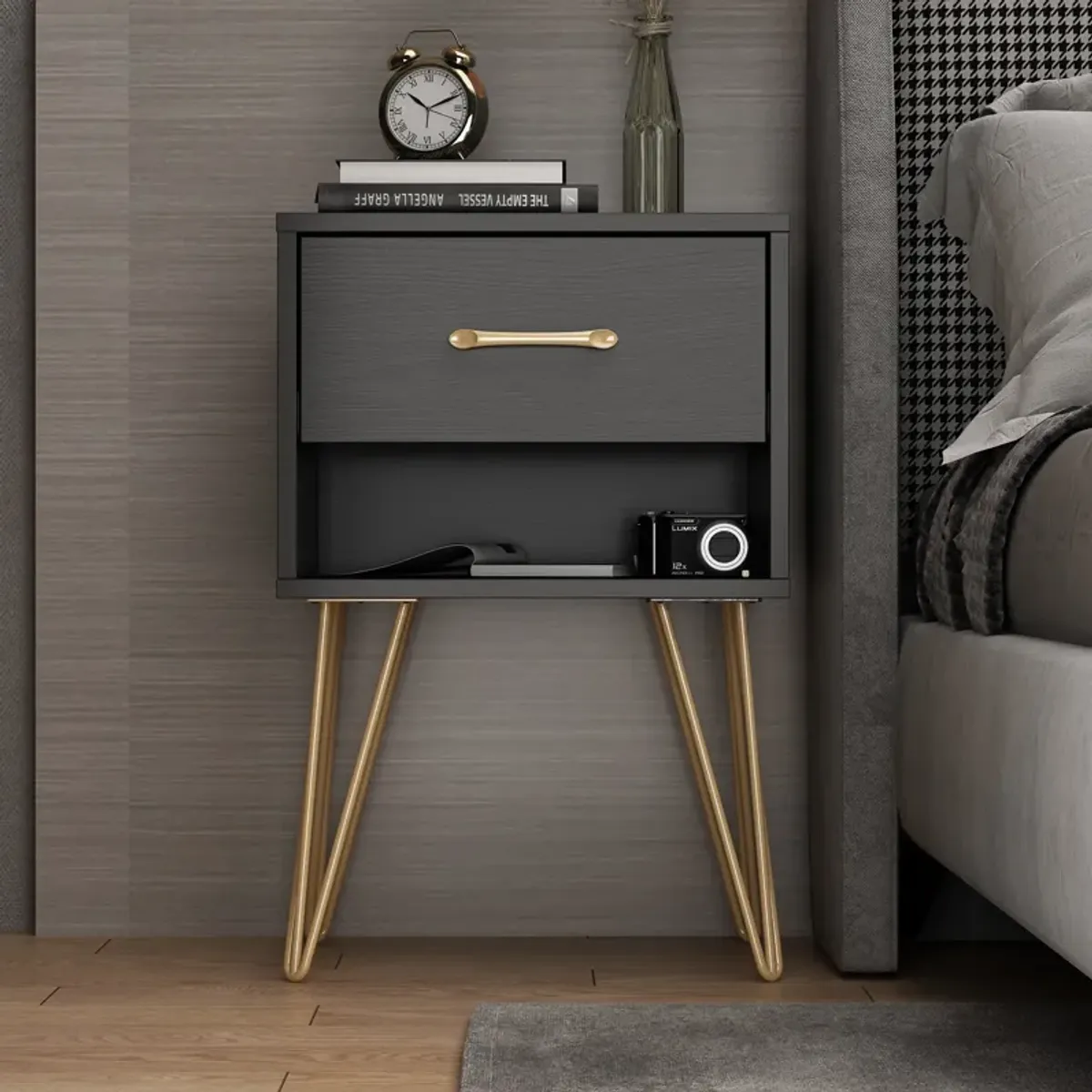 Nightstand with Drawer & Shelf, Industrial Style, Gold Metal Legs, End Table Black (15.7”W x 11.8”D x 23.6”H)