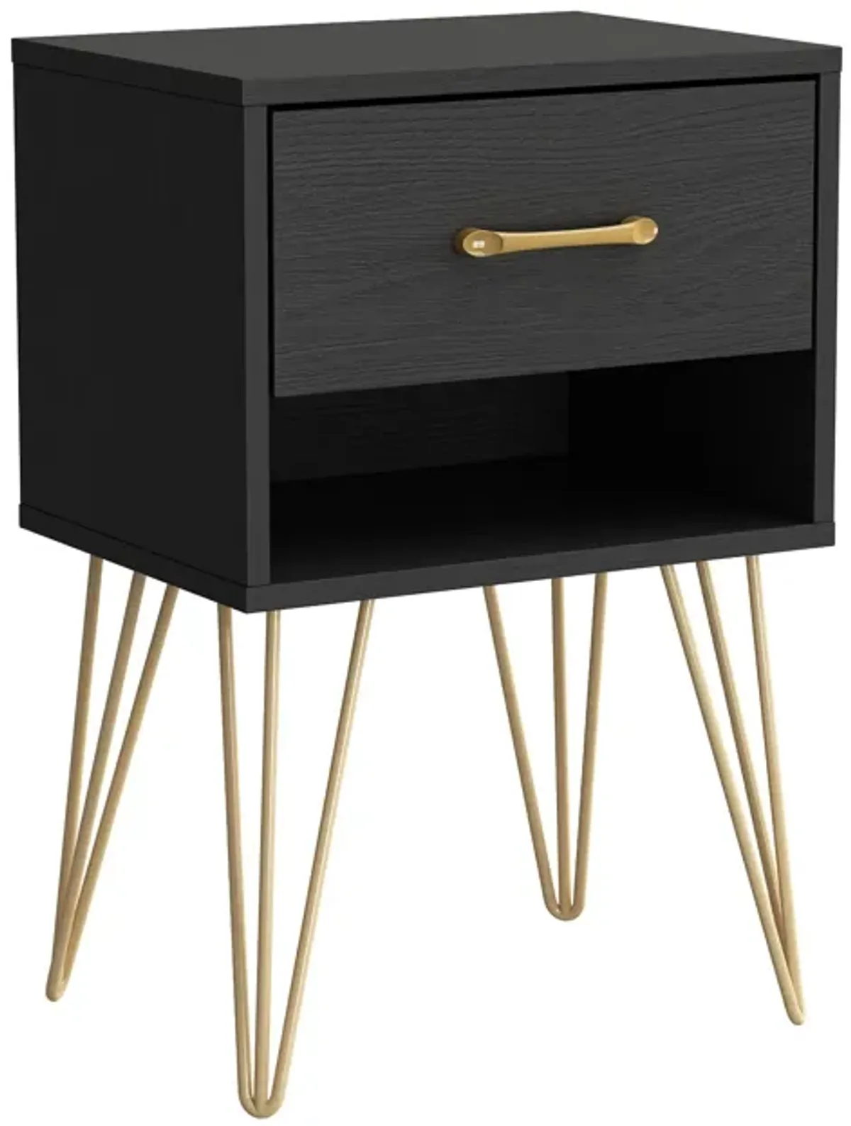 Nightstand with Drawer & Shelf, Industrial Style, Gold Metal Legs, End Table Black (15.7”W x 11.8”D x 23.6”H)