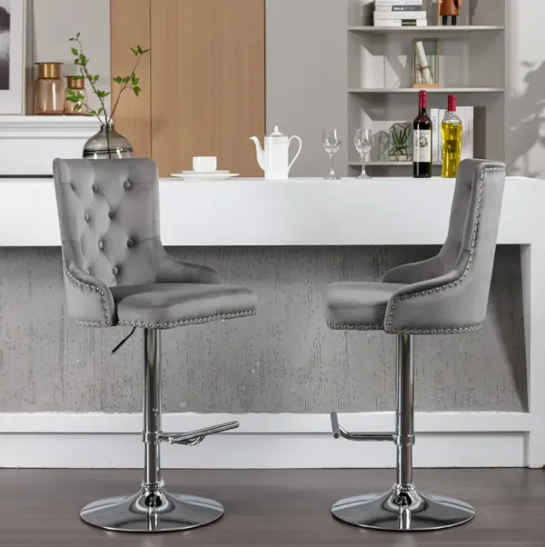 Swivel Velvet Bar Stools Adjustable Seat Height, Modern Upholstered Bar Stools with Backs Comfortable Tufted for Home Pub and Kitchen Island（Gray, Set of 2）