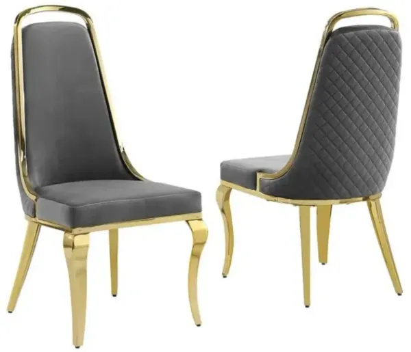 Best Quality Furniture Dark Grey Velvet High Back Chair With Gold Chrome Trim, Set Of 2