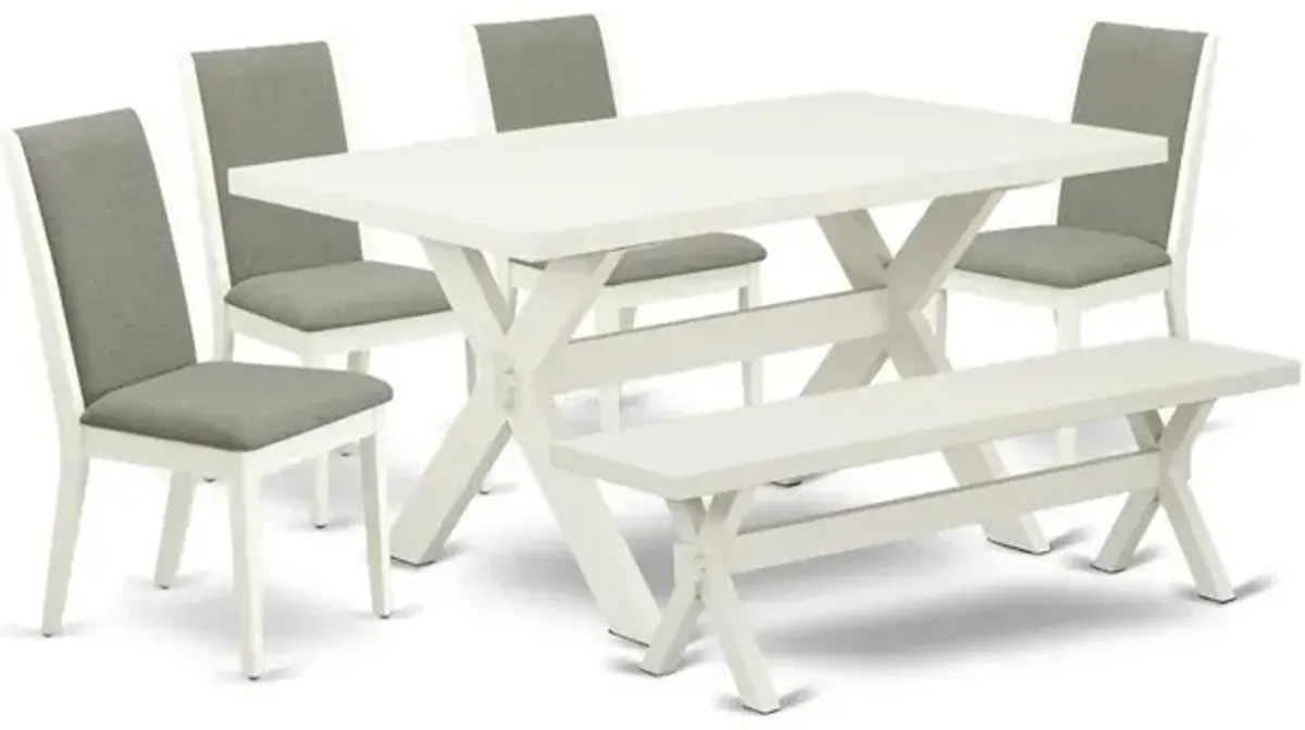 East West Furniture X026LA206-6 6-Piece Beautiful Dinette Set an Outstanding Linen White dining table Top and Linen White Indoor Bench and 4 Stunning Linen Fabric Parson Dining Room Chairs with Stylis