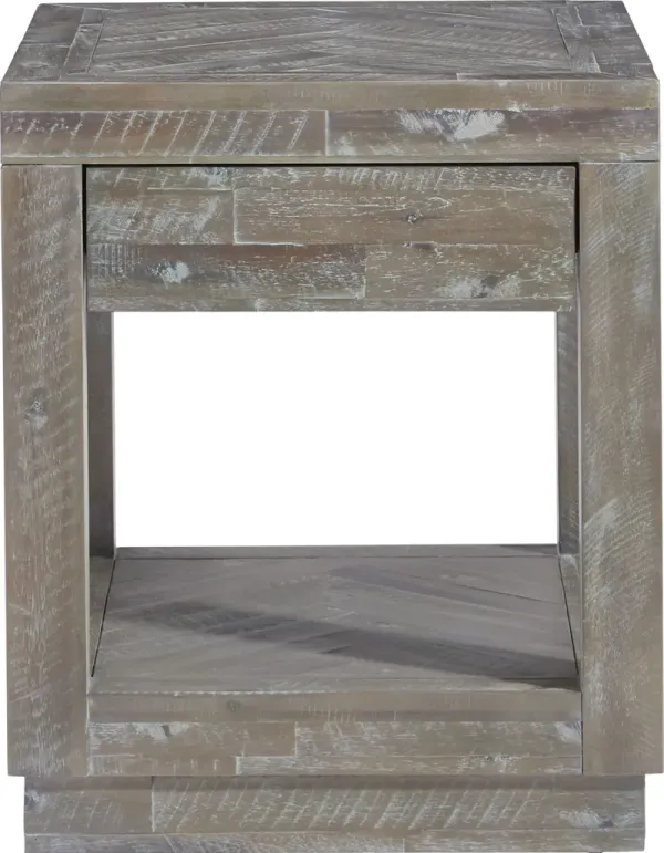 Herringbone Solid Wood One Drawer End Table in Rustic Latte
