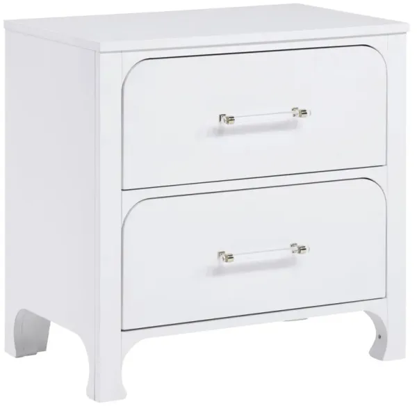 Asiy Nightstand, 2 Drawers, Clear Bar Handles, Silver and Pearl White Wood - Benzara