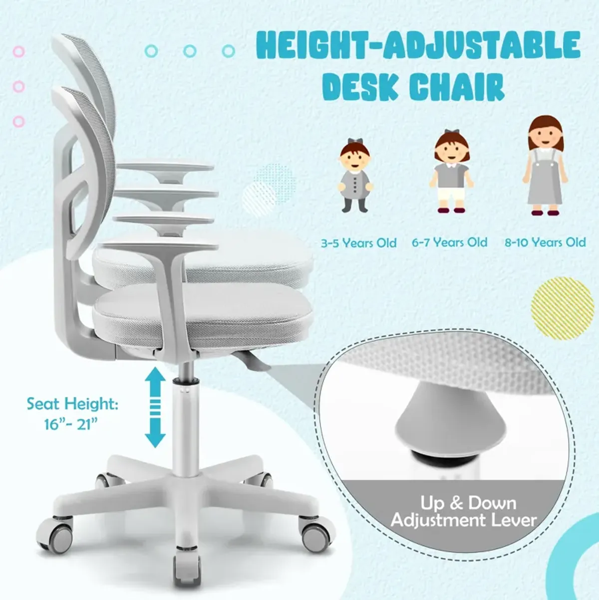 Adjustable Desk Chair with Auto Brake Casters for Kids