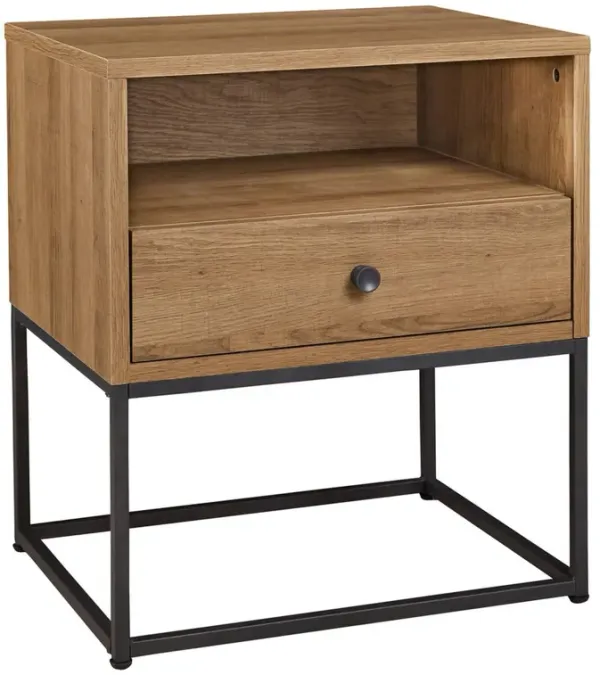 Mila 22 Inch Modern Wood Nightstand On Metal Base, Open Shelf, Light Brown-Benzara