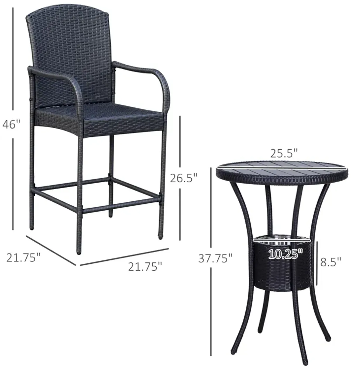 Alfresco Bar Trio: 3PC Rattan Wicker Set with Ice Buckets, Table & Stools