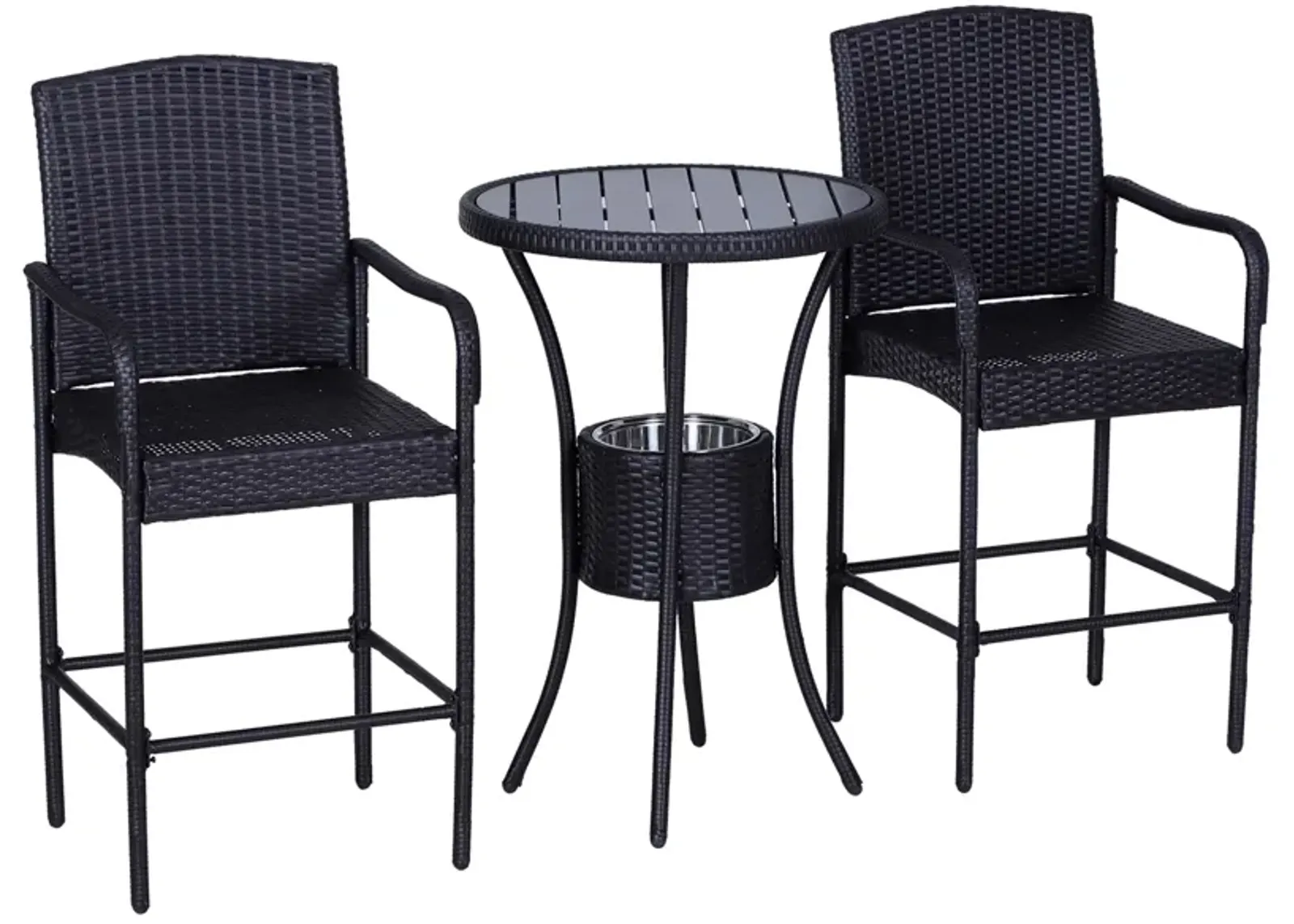 Alfresco Bar Trio: 3PC Rattan Wicker Set with Ice Buckets, Table & Stools