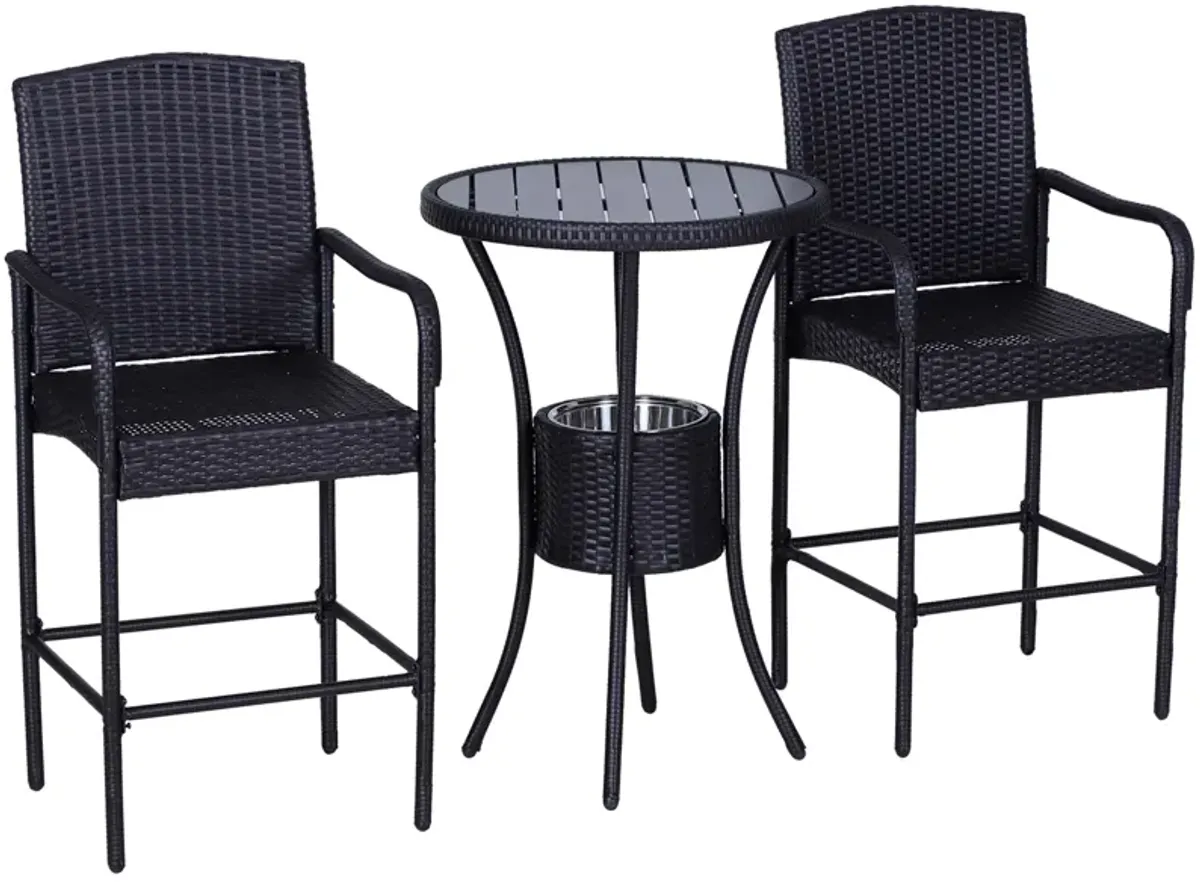 Alfresco Bar Trio: 3PC Rattan Wicker Set with Ice Buckets, Table & Stools