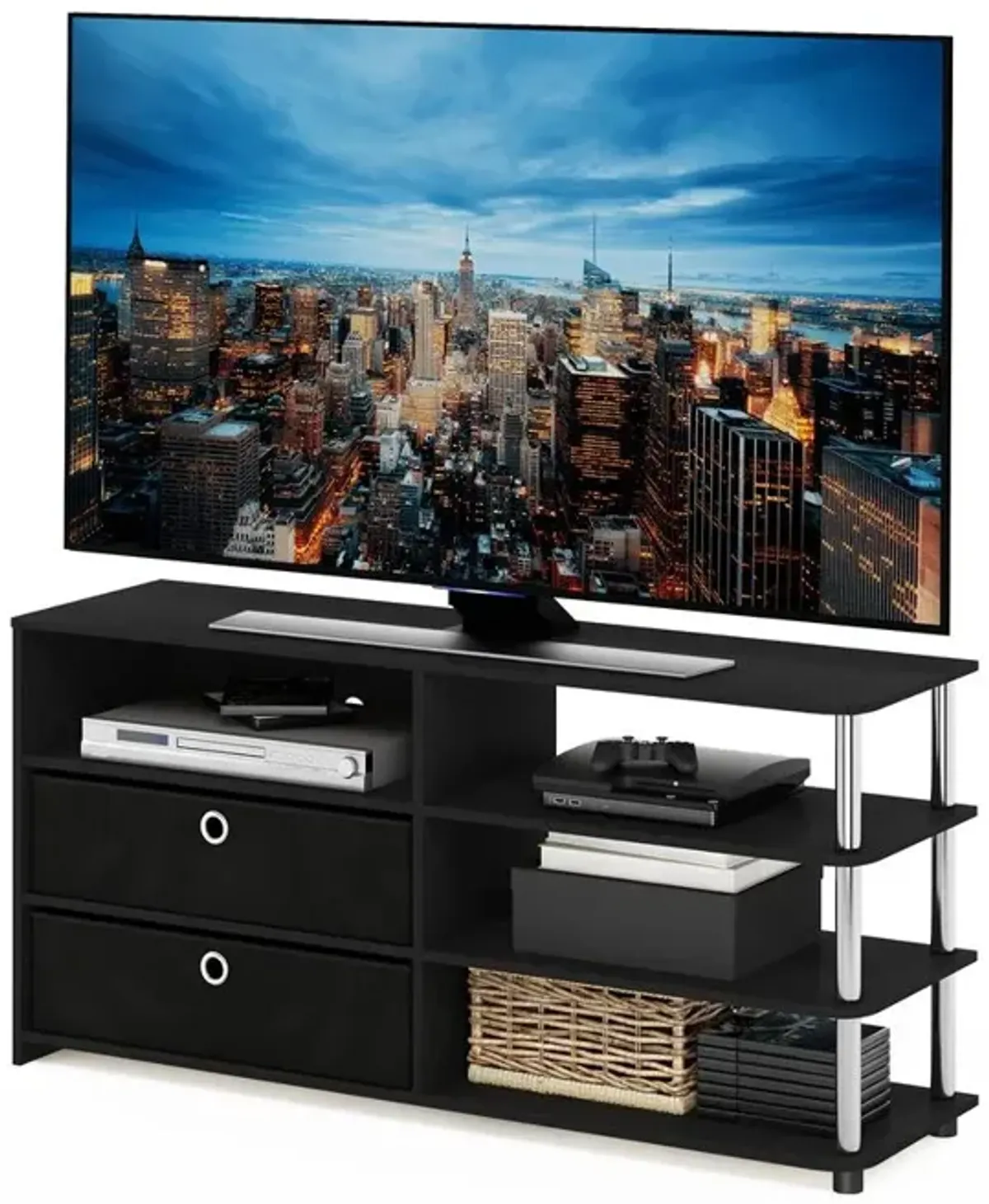 Furinno JAYA Simple Design TV Stand for up to 55-Inch with Bins, Americano, Stainless Steel Tubes