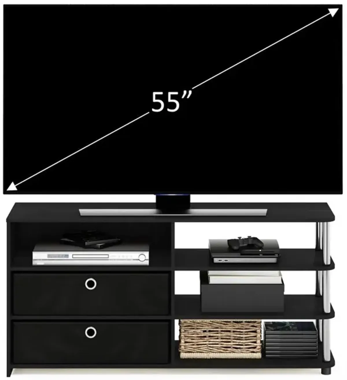 Furinno JAYA Simple Design TV Stand for up to 55-Inch with Bins, Americano, Stainless Steel Tubes