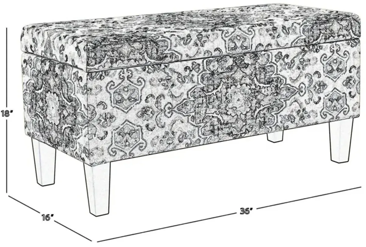 Medallion Print Fabric Upholstered Wooden Bench With Hinged Storage, Large, Blue and Cream - Benzara