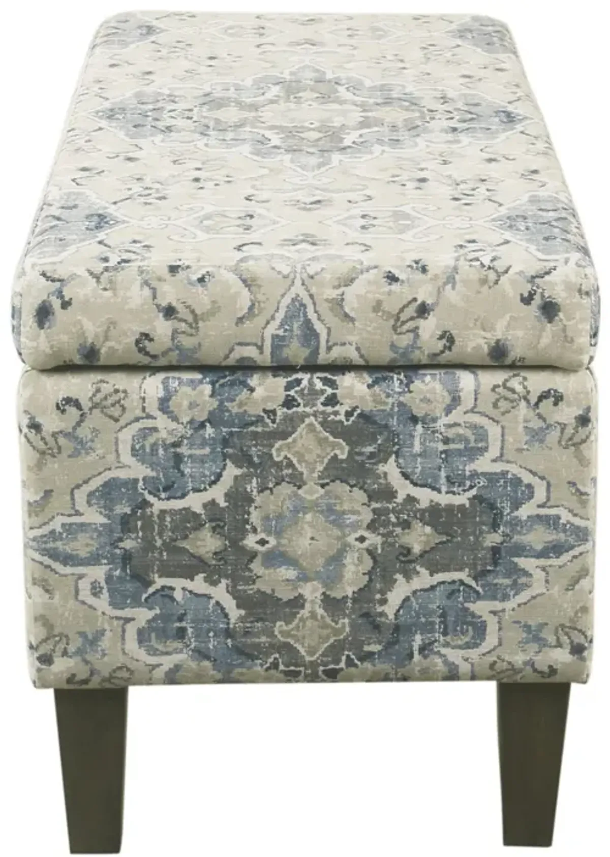 Medallion Print Fabric Upholstered Wooden Bench With Hinged Storage, Large, Blue and Cream - Benzara