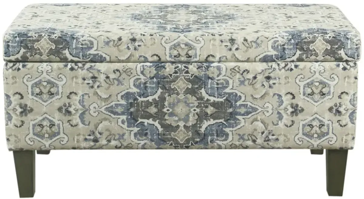 Medallion Print Fabric Upholstered Wooden Bench With Hinged Storage, Large, Blue and Cream - Benzara