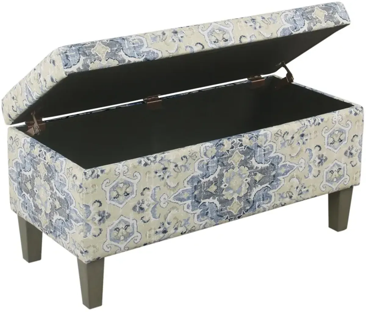 Medallion Print Fabric Upholstered Wooden Bench With Hinged Storage, Large, Blue and Cream - Benzara