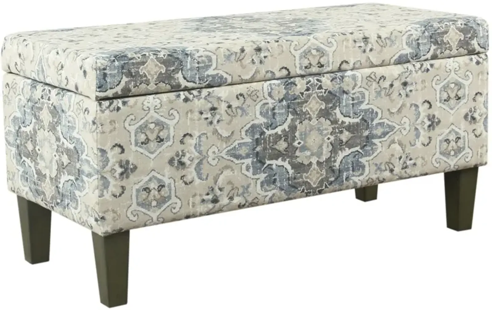 Medallion Print Fabric Upholstered Wooden Bench With Hinged Storage, Large, Blue and Cream - Benzara