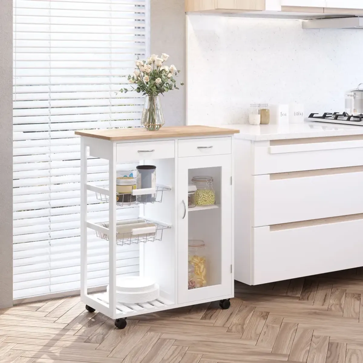 Rolling Kitchen Trolley Cart Bamboo Storage Cabinet Wire Basket Drawer