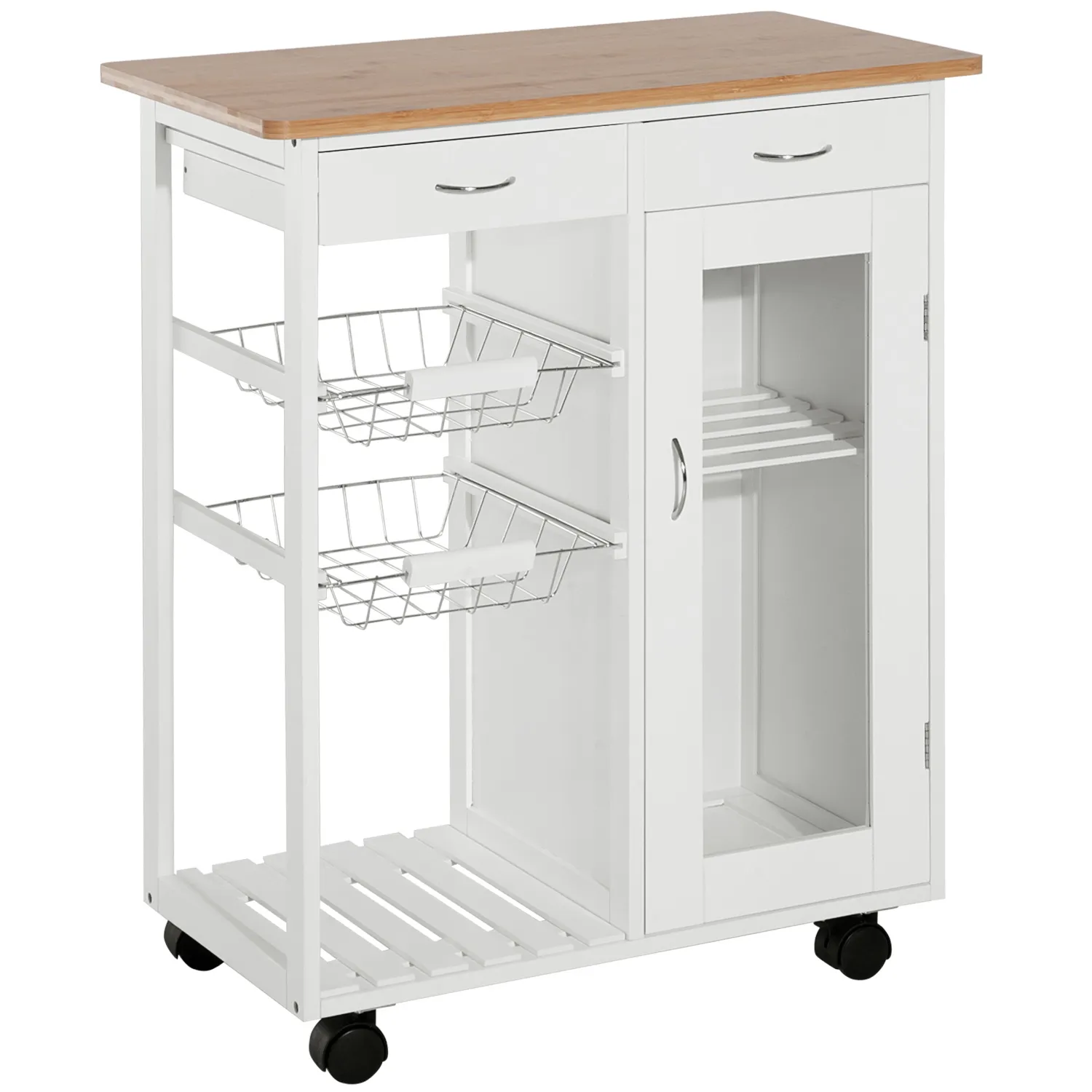 Rolling Kitchen Trolley Cart Bamboo Storage Cabinet Wire Basket Drawer