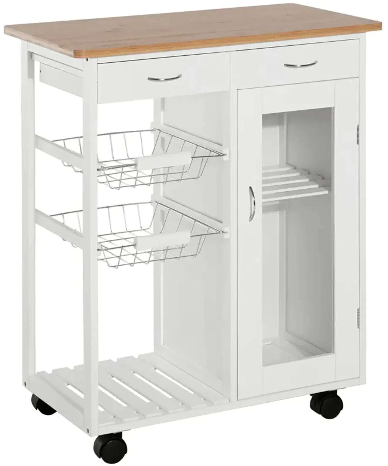 Rolling Kitchen Trolley Cart Bamboo Storage Cabinet Wire Basket Drawer