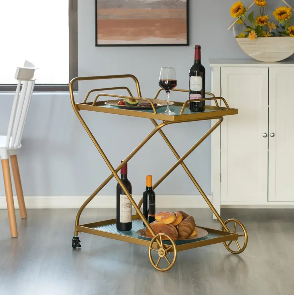 Gold Metal Wine Bar Serving Cart with Rolling Wheels and Handles for Dining, Living room or Entryway