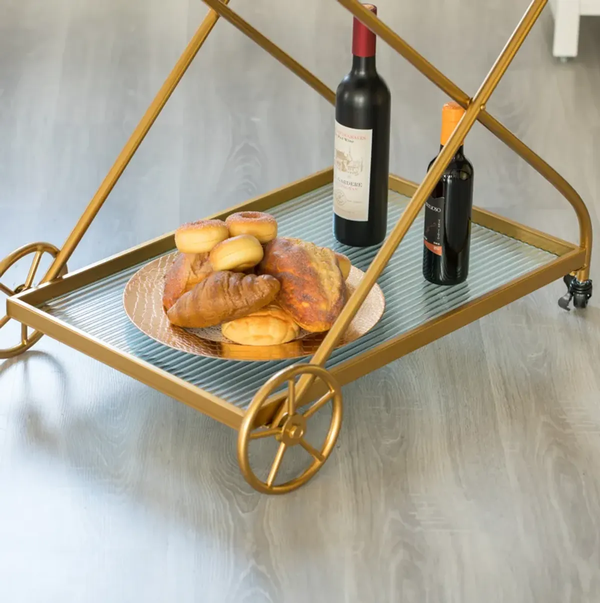 Gold Metal Wine Bar Serving Cart with Rolling Wheels and Handles for Dining, Living room or Entryway