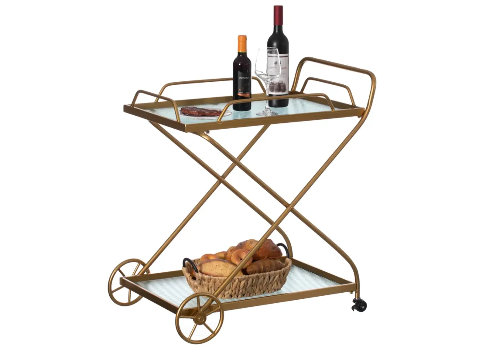 Gold Metal Wine Bar Serving Cart with Rolling Wheels and Handles for Dining, Living room or Entryway