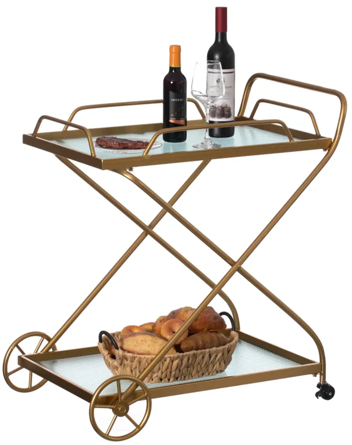 Gold Metal Wine Bar Serving Cart with Rolling Wheels and Handles for Dining, Living room or Entryway