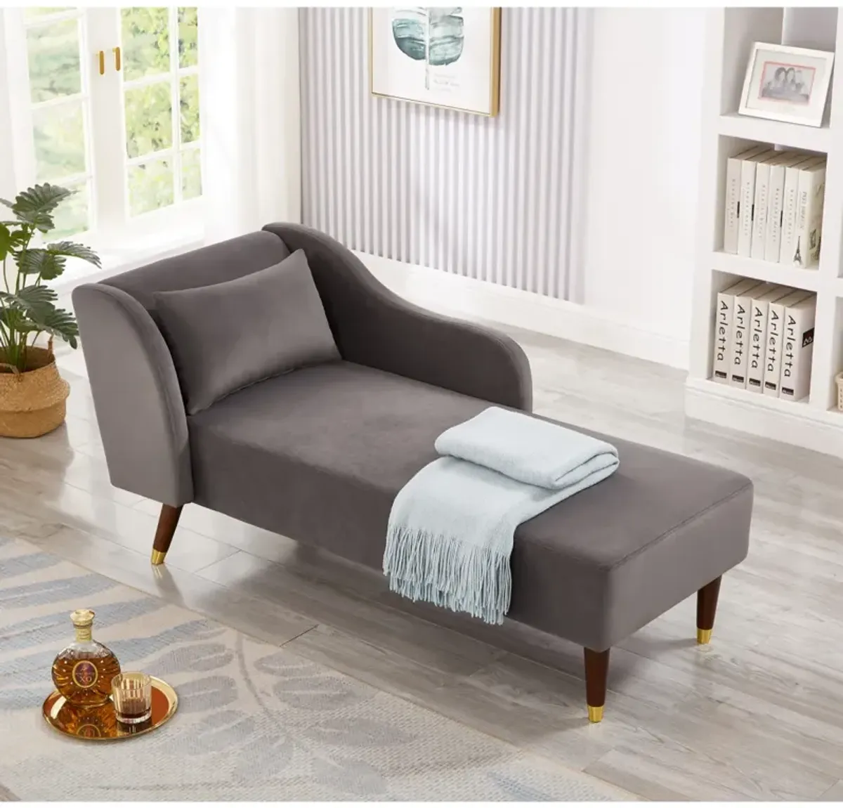 Modern Chaise Lounge Chair Velvet Upholstery (Grey)