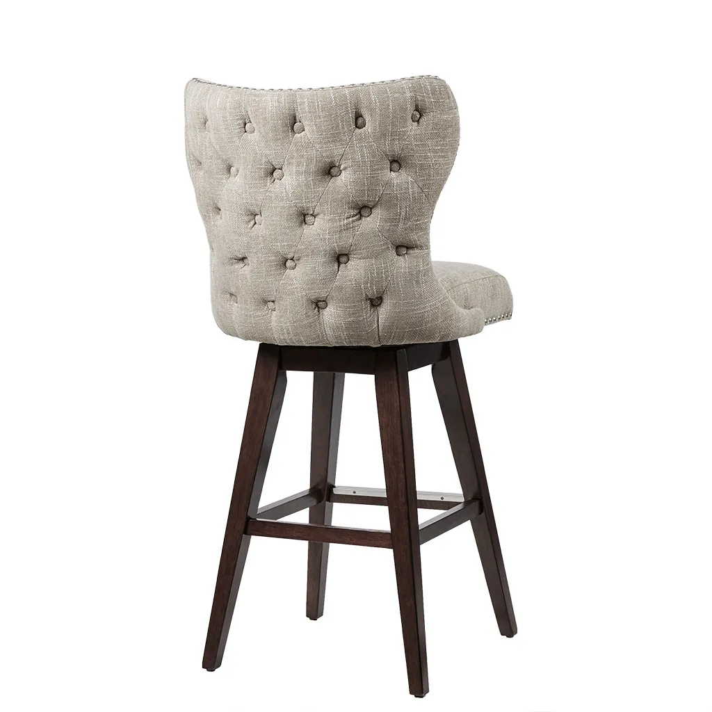 Gracie Mills Vargas Upholstered High Wingback Button Tufted 30" Swivel Bar Stool with Nailhead Accents